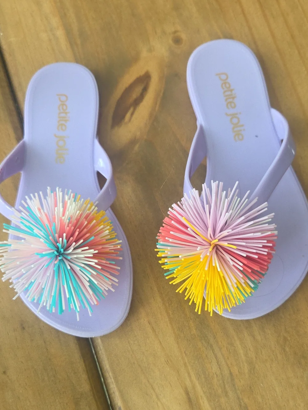 petite jolie Lavender Slide Sandals with Multicolor Pom-Pom Accents